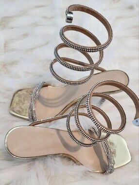 Wild Diva Gold Rhinestone Spiral Ankle-Wrap Stiletto Heels Size 8